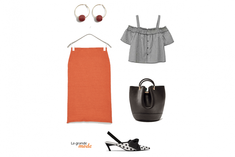 Orange is the new working girl outfit La Grande Mode - Idée look working girl outfit avec jupe crayon - Tendance mode printemps été 2018