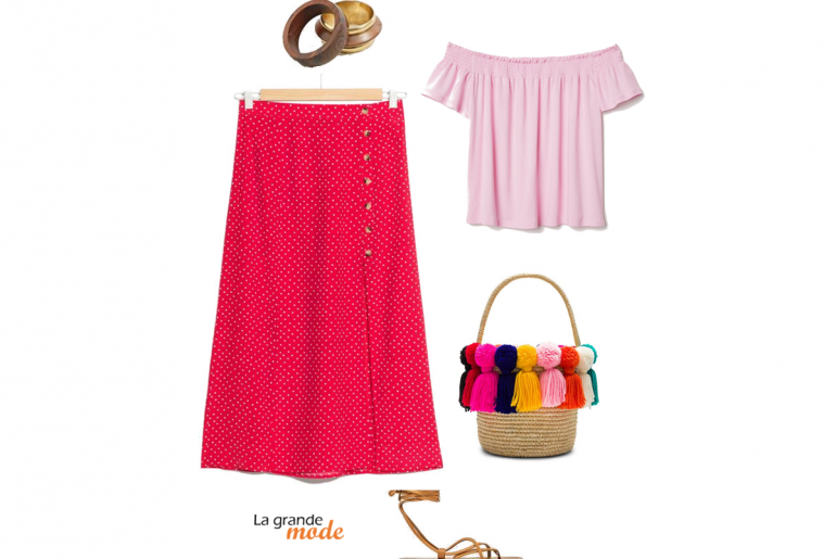 Top Bardot et jupe midi pour un look bohème La Grande Mode - Idée look bohème chic - Tendance mode Printemps été 2018