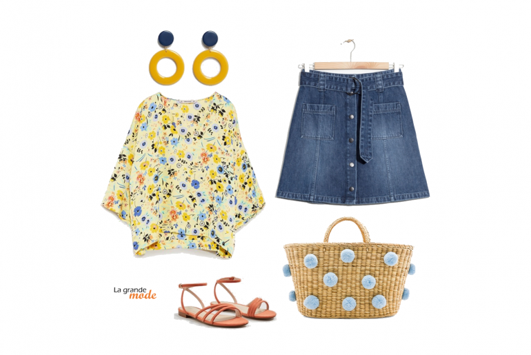 Idée look denim & fleurs La Grande Mode - Idée look jupe en denim et top imprimé - Tendance mode printemps été 2018