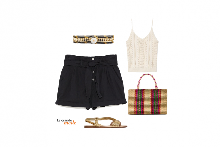 Short noir & sandales dorées : combo chic & pratique La Grande Mode - Idée look short noir - Tendances mode printemps été 2018