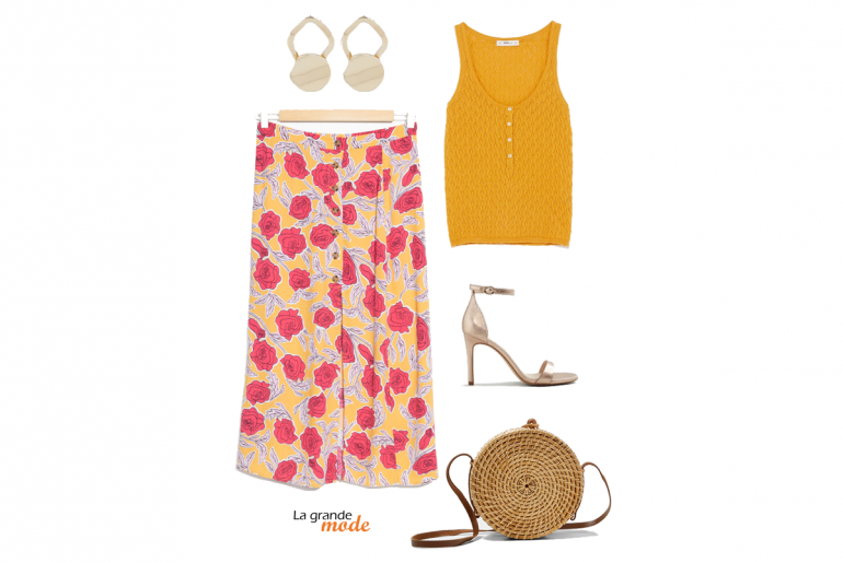 Chic & Champêtre : idée look jupe fleurie & panier rond La Grande Mode - Idée look jupe fleurie & panier rond - Tendance mode printemps été 2018