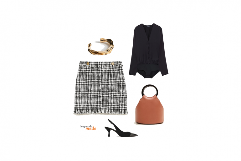 Jupe à carreaux +body + sac seau = look de bureau pour 200€ La Grande Mode - Idée look jupe à carreaux, body et escarpins - Tendance mode Automne-Hiver 2018