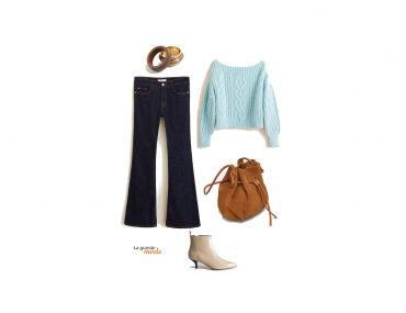 La Grand Mode - Idée look jean flare, bottines et pull à épaules dénudées - Tendance mode automne hiver 2018