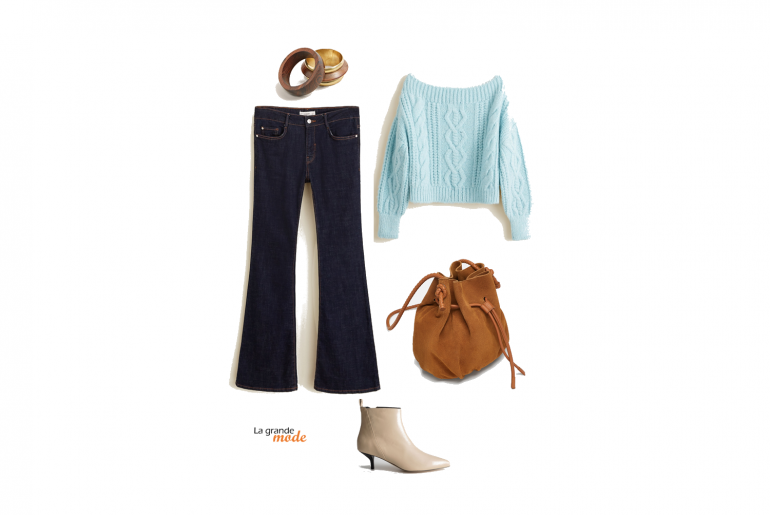 Jean flare, bottines & pull à épaules dénudées La Grand Mode - Idée look jean flare, bottines et pull à épaules dénudées - Tendance mode automne hiver 2018