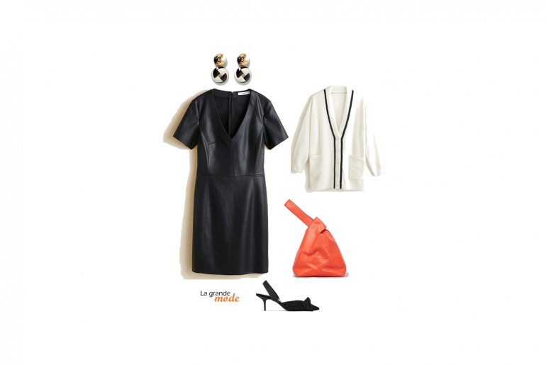 Robe en simili cuir & Sac orange : un look moderne à l’accent vintage La Grande Mode - Idée look robe en simili cuir et sac orange - Tendance mode automne hiver 2018