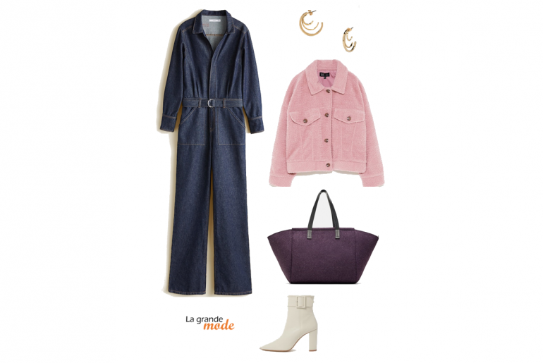 Combinaison en jean & Bottines blanches : élégamment 70’s La Grande Mode - Idée look combinaison en jean - Tendance mode automne hiver 2018