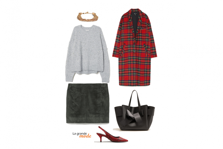 Manteau tartan, Mini-jupe en velours & Escarpins imprimé animal La Grande Mode - Idée look manteau tartan - Tendances mode automne hiver 2018