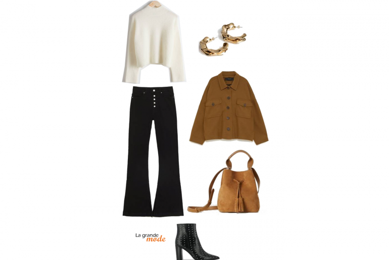 Jean, Clous & Manteau court : casual chic dans toute sa splendeur La Grande Mode - Idée look Jean flare & Bottines à clous - Tendance Mode Automne Hiver 2018