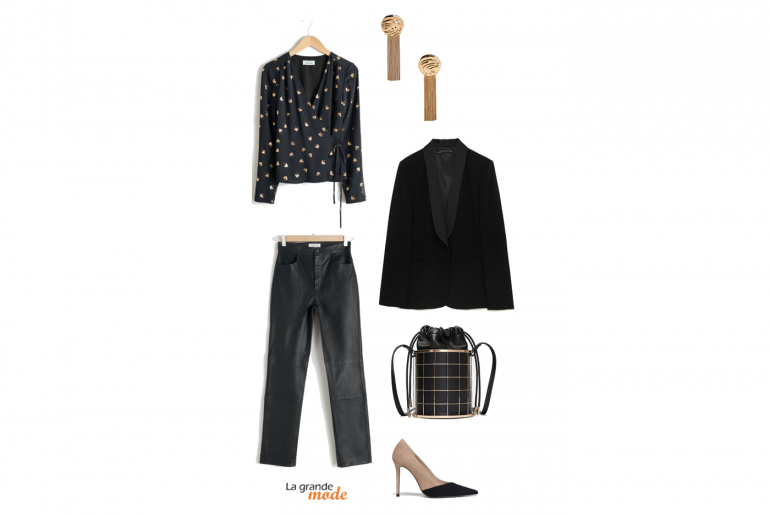 Pantalon en cuir & Veste de smoking : 2 valeurs sûres pour les fêtes La Grande Mode - Idée look avec un pantalon en cuir et une veste smoking - Tendance Mode Automne Hiver 2018
