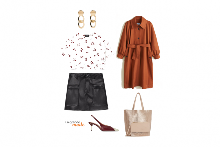 Orange, coccinelles & dorures : idée look avec un trench La Grande Mode - Idée look avec un trench et une jupe en simili cuir - Tendance mode printemps été 2019