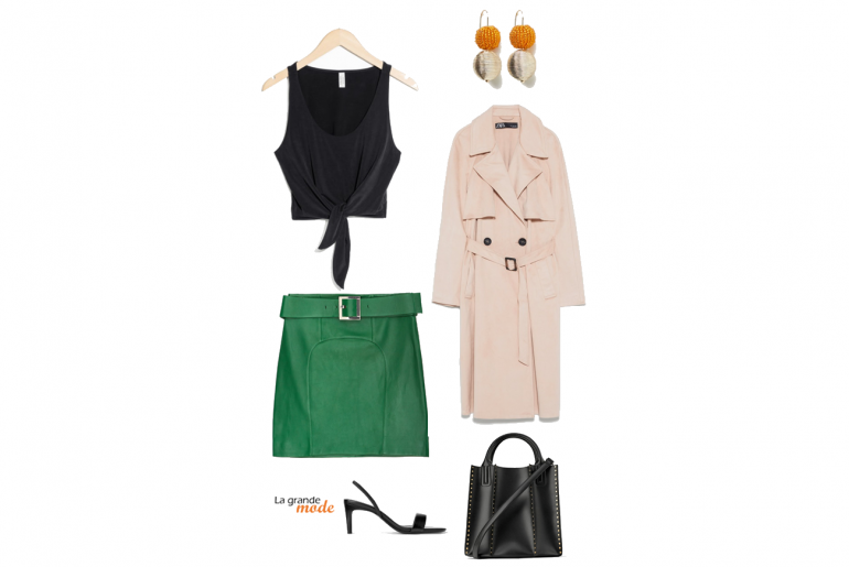 Mini jupe en cuir & Trench : idée look sexy-cool La Grande Mode - Idée look avec une mini jupe en cuir et un trench - Tendance mode printemps été 2019 SS2019
