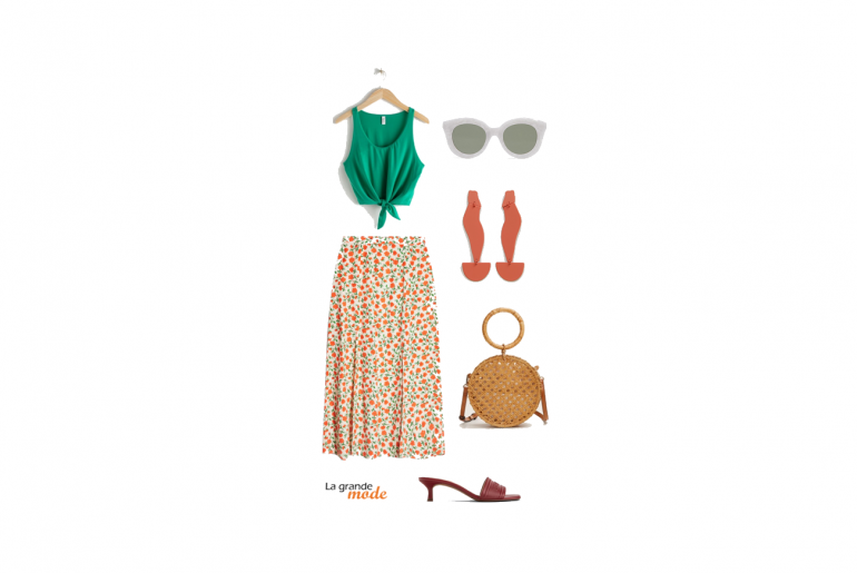 Jupe midi fleurie : chic dans les prés…ou ailleurs La Grande Mode - Idée look avec une jupe midi fleurie et un top noué - Tendance mode printemps été 2019