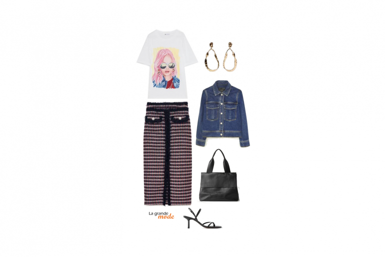 T-shirt imprimé & Jupe en tweed : combo chic & pro La Grande Mode - Idée look avec un t-shirt imprimé - Tendance mode automne hiver 2019